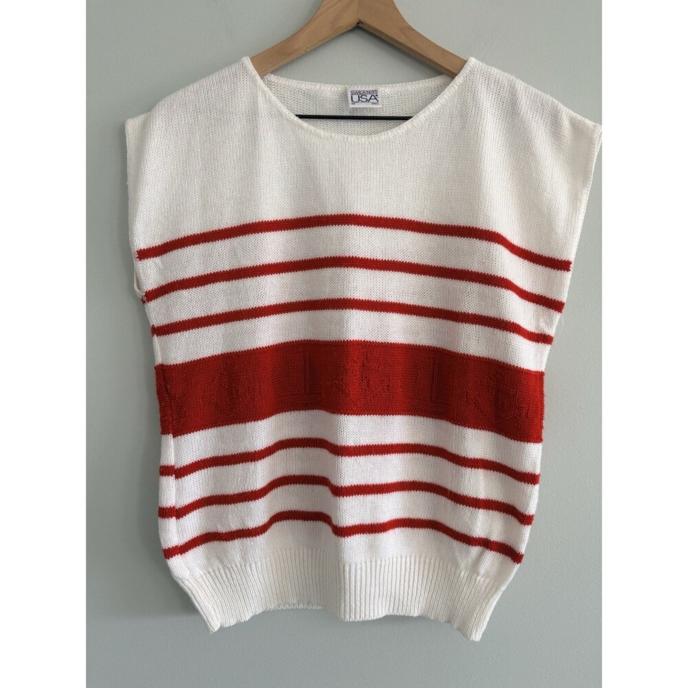 Vintage Sweaters USA Red White Knit Nautical Womens Medium Sleeveless Sweater